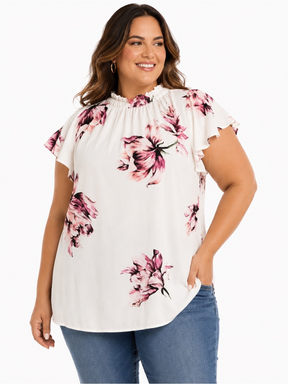 2x White Floral Ruffle-Sleeve Women's Top. Approx 26 ptp